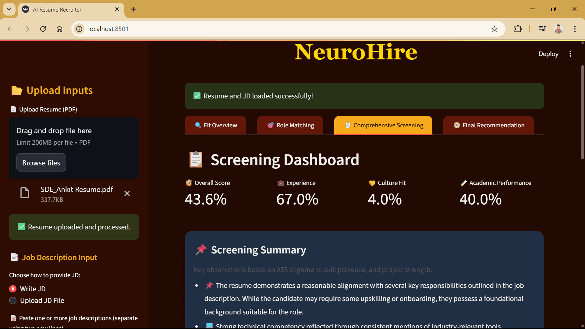 NeuroHire user interface